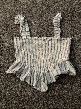 American Eagle Outfitters Blue and White Striped Ruffle Smocked Crop Top